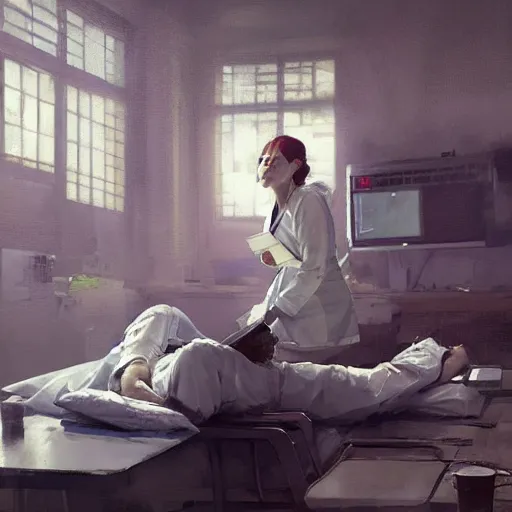 Image similar to a female doctor in scrubs, looking tired, in the middle of lots of sick people in beds, hospital hall, by greg rutkowski, trending on artstation