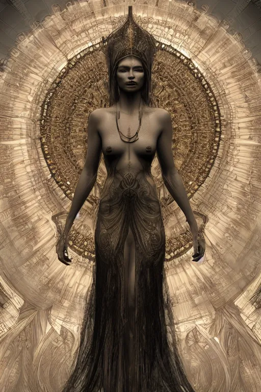 Image similar to a realistic moody photo of a beautiful ancient alien woman goddess kate moss durga standing in iris van herpen dress jewelery and fractals in style of alphonse mucha art nuvo dmt trending on artstation made in unreal engine 4