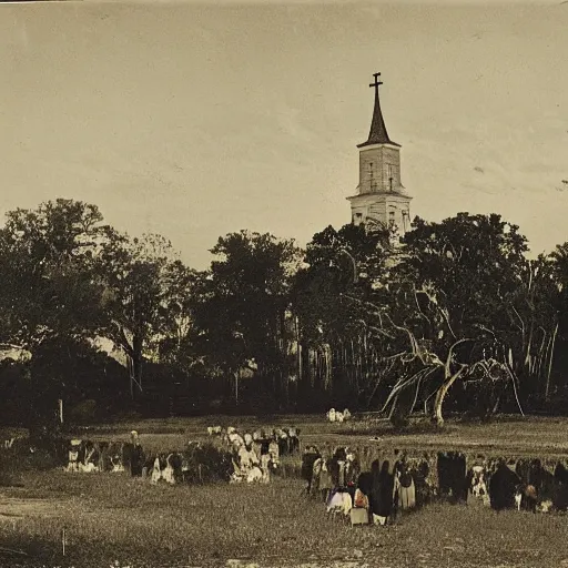 Image similar to 1 9 th century southern gothic scene of a religious gathering, louisiana, bayou in the background, old white wooden church