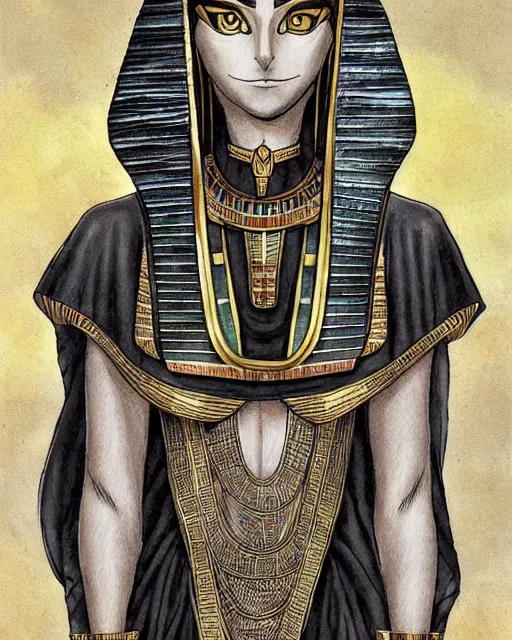 Prompt: sphinx black cat wearing egyptian clothes, artwork by kentaro miura, pharaoh cat, kentaro miura art