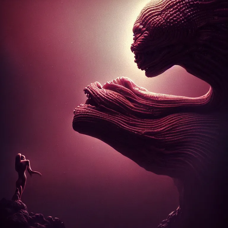 Prompt: closeup portrait of ribbed alien kissing hominidae, lucid dream - like heavy atmosphere, baroque painting, harsh flash photo, perfect composition, detailed octane render trending on artstation, 8 k artistic photography, volumetric cinematic perfect light, chiaroscuro, masterpiece, raphael, caravaggio, beksinski, rutkowski, beeple