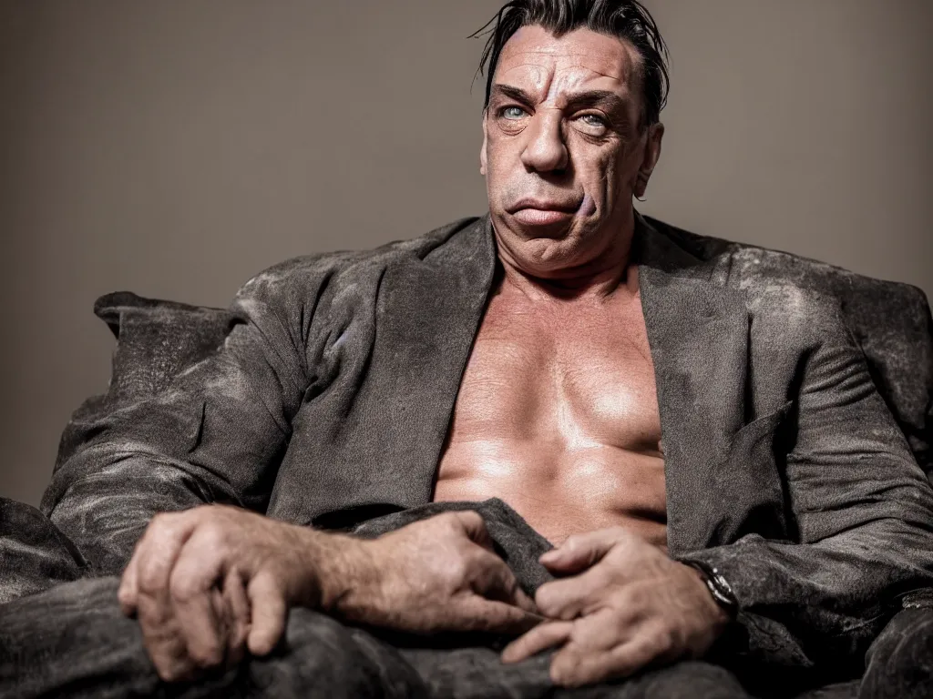 Prompt: close - up photo of a till lindemann on the couch by steve mccurry, photorealistic, wide lens, 4 k, trending on artstation