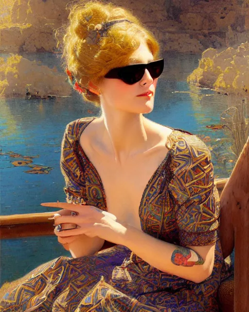 Prompt: an attractive girl with tattoos wearing sunglasses and a patterned dress surrounded by geometric patterns. highly detailed painting by gaston bussiere, craig mullins, j. c. leyendecker 8 k