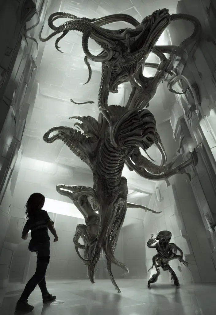 Prompt: a young girl fighting a white xenomorph in the thigh corridors of the covenant vessel, extremely realistic and highly detailed 8 k, sharp focus, mysterious atmospheric lighting, octane render, dramatic volumetric lighting, golden ratio, extremely realistic faces