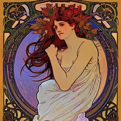 Image similar to fall, painted by alphonse mucha