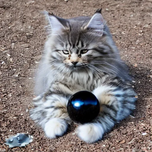 Image similar to gray Russian Siberian cat playing with a miniature earth ball, destruction, epic, dramatic, photo