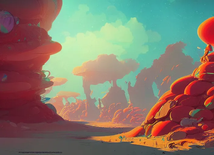 Image similar to psychedelic concept art of a lanscape made of baked beans, cel shaded, in the style of makoto shinkai and moebius and peter mohrbacher and anton fadeev