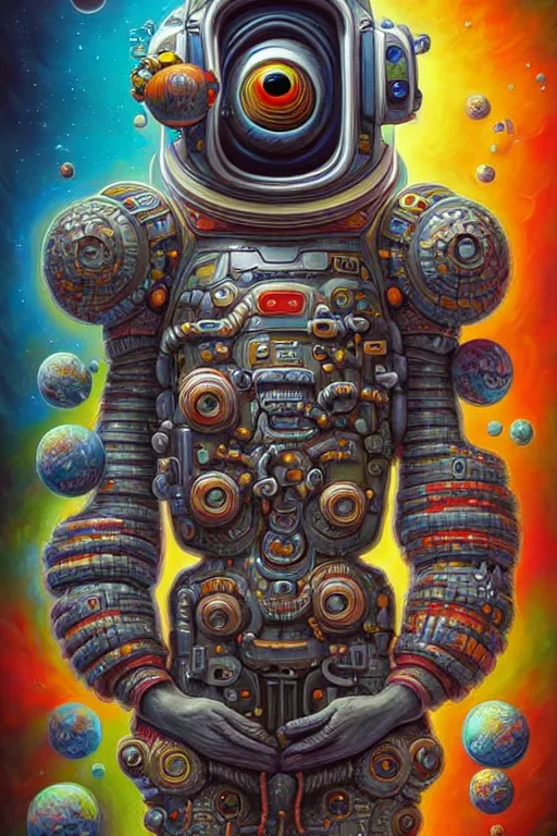 Image similar to hyper - maximalist overdetailed painting of an astronaut by naoto hattori. artstation. deviantart. cgsociety. inspired by beastwreckstuff and jimbo phillips. fantasy infused lowbrow style. hyperdetailed high resolution render by binx. ly in discodiffusion. dreamlike polished render by machine. delusions. sharp focus.