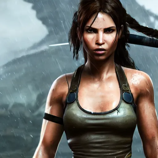 Prompt: lara croft as samurai, wet face, heavy rain, dramatic, intricate, highly detailed, concept art, smooth, sharp focus, illustration, unreal engine 5, 8 k