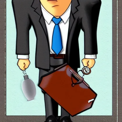 Image similar to Glenn Quagmire (family guy) dressed in a suit and tie in a lawyer's office holding a briefcase.