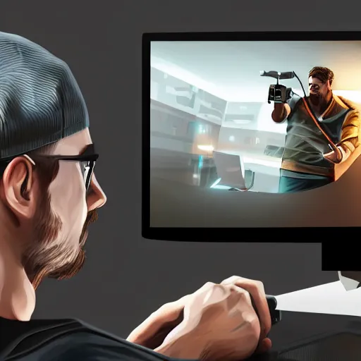Image similar to realistic successful man playing laptop in gaming room, artstation trends, future concept art, highly detailed, intricate, sharp focus, digital art, 8 k