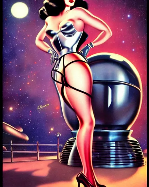 Image similar to closeup beautiful retro space dita von teese posing with a chrome robot in diesel punk city at night, pinup, windblown dark hair, seductive, hyper detailed, digital art, smooth, sharp focus, gil elvgren, luis royo, alberto vargas, 1 9 5 0, when mars attacks
