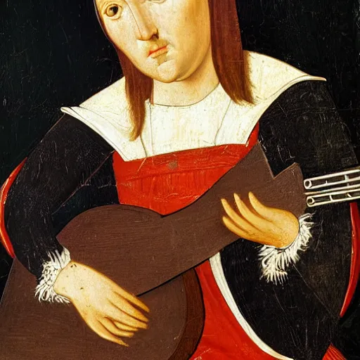 Image similar to medieval portrait of a cat playing lute, colorful