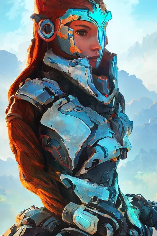 Image similar to combination suit armor aloy horizon forbidden west horizon zero dawn radiating a glowing aura global illumination ray tracing hdr fanart arstation by ian pesty and alena aenami artworks in 4 k tribal robot ninja mask helmet backpack