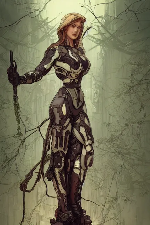 Prompt: comic book illustration, android soldier stands next to the last living tree that has white blossoms and dark wood, cyberpunk concept art by artgerm and Alphonse Mucha and Moebius, highly detailed, intricate, sci-fi, sharp focus, Trending on Artstation HQ, deviantart