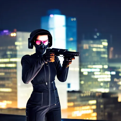 Image similar to photographic portrait of a 2d techwear woman holding a gun, closeup, on the rooftop of a futuristic city at night, sigma 85mm f/1.4, 4k, depth of field, high resolution, 4k, 8k, hd, full color