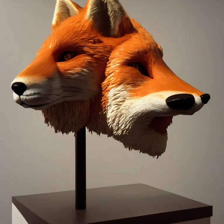 Prompt: hyperrealistic sculpture of a giant fox head on a pedestal by ron mueck and duane hanson and damien hirst, hyperrealistic dramatic lighting trending on artstation 8 k