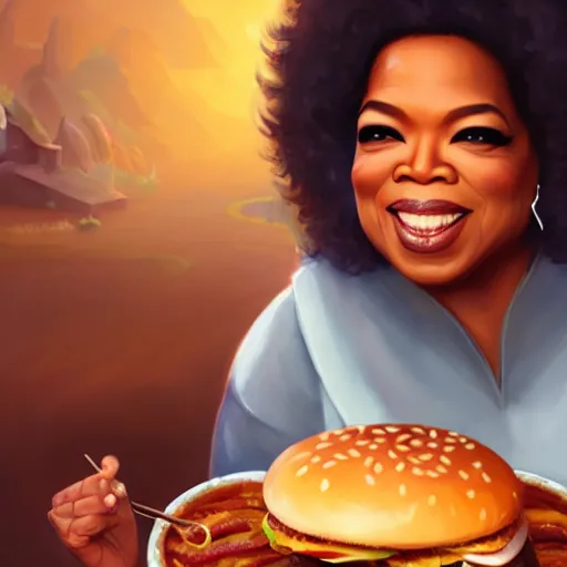 Prompt: Oprah Winfrey Eating Big Macs, dripping BBQ Sauce, serving burgers, D&D, fantasy, intricate, elegant, highly detailed, digital painting, artstation, concept art, matte, sharp focus, illustration, hearthstone, art by Noah Bradley