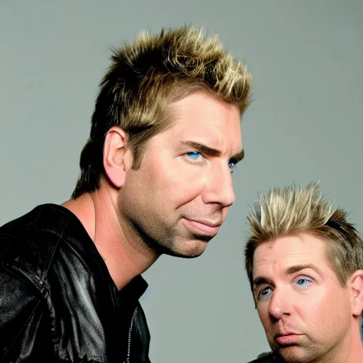 Image similar to chad robert kroeger of nickelback looking at what is on joey's head