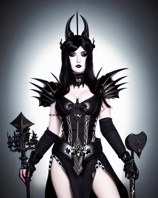 Prompt: portrait of beautiful goth girl cosplay with black hair in warhammer armor, white background, art by artgerm