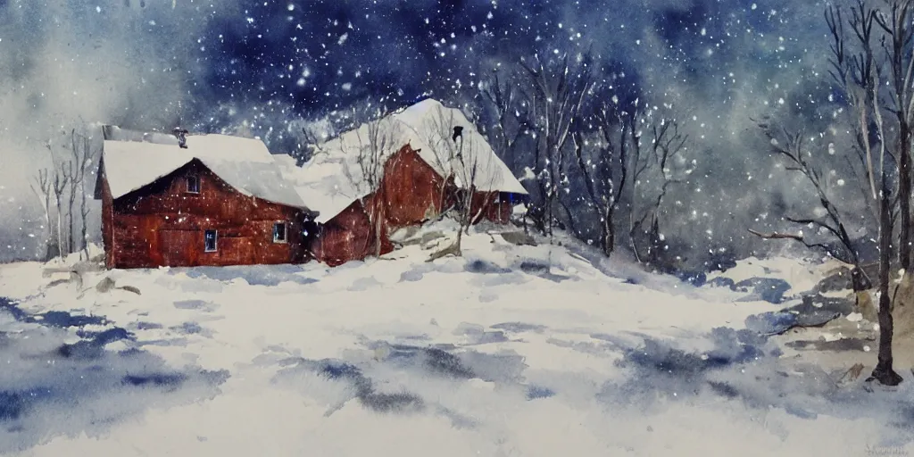 Image similar to a watercolor painting of a cabin in a snowy landscape, at night, painted by lars lerin, expressionism, messy snow storm