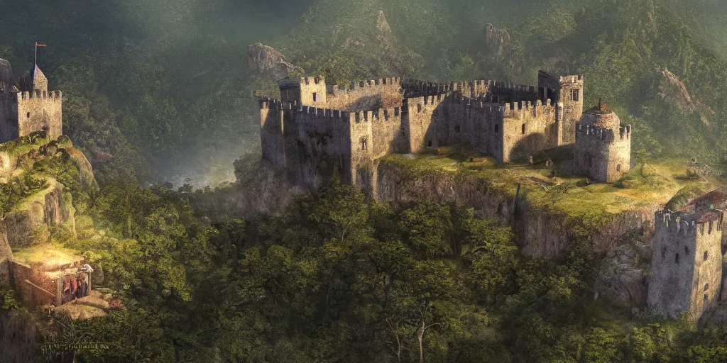 Image similar to a hyper realistic professional photographic view picture of a medieval fortress on the side of a mountain on the edge of a jungle photographic filter unreal engine 5 realistic hyperdetailed 8k ultradetail cinematic concept art volumetric lighting, fantasy artwork, very beautiful scenery, very realistic painting effect, hd, hdr, cinematic 4k wallpaper, 8k, ultra detailed, high resolution, artstation trending on artstation in the style of Albert Dros glowing rich colors powerful imagery nasa footage drone footage drone photography