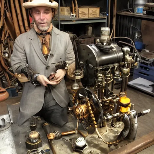 Image similar to steampunk industrialist working on a motor and feeling eureka