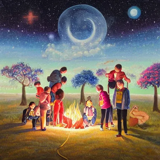 Image similar to A beautiful painting of a group of people gathered around a fire. They are all looking up at the night sky, where a bright star is shining beige by Hikari Shimoda eclectic