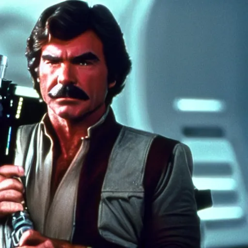 Prompt: A still of Tom Selleck as Han Solo from Star Wars The Empire Strikes Back. Extremely detailed. Beautiful. 4K. Award winning.