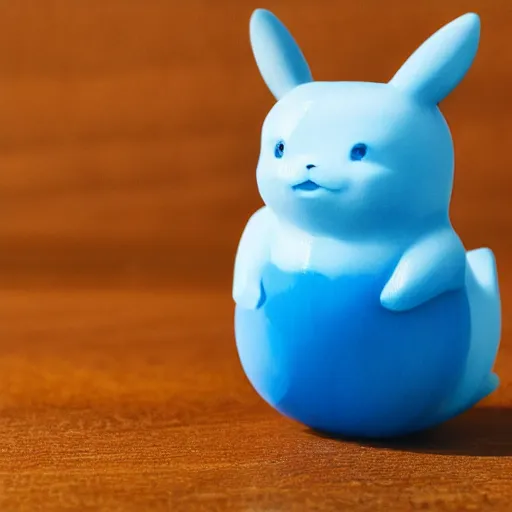 Image similar to a zoomed out studio product shot of a rounded carved smooth cherry wood and resin pikachu in profile, like a catalog photograph, where distinct sections of the carving are blue resin, but is mostly wood, with a smooth featureless minimalist short wooden nose with no nostrils, and a round minimalist behind