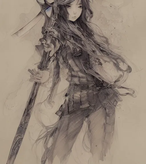 Image similar to portrait of anime girl holding a cleaver, pen and ink, intricate line drawings, by craig mullins, ruan jia, kentaro miura, greg rutkowski, loundraw