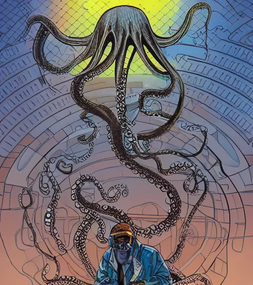 Image similar to a cybernetic octopus in a floating podium, techwear, Industrial Scifi, detailed illustration, character portrait, graffiti art by Martin Grip and Moebius