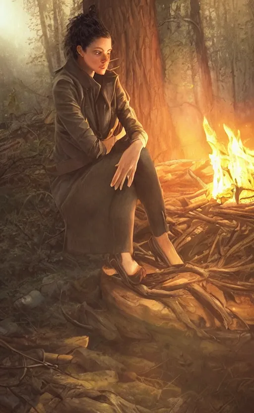 Image similar to A girl with short black hair and green eyes in a tan trenchcoat sitting on a log and drinking tea by the campfire by her motorcycle at night under the stars, evocative, mystical night, very very very very detailed, award winning, masterpiece digital painting by Greg Rutkowski, Alex Grey, artstation, 4k wallpaper