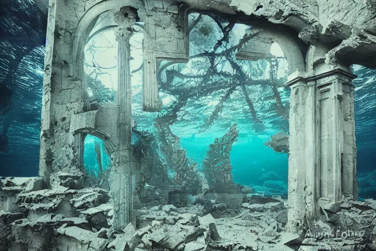 Prompt: analog photograph of underwater ruins with a mermaid and kelp, deep azure tones, film grain, color bleed, bokeh, depth of field, by ansel adams, ruan jia