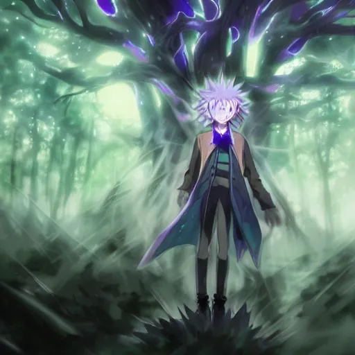 Image similar to killua electric lightning dark forest purple hunter x hunter greg rutkowski hd concept anime art