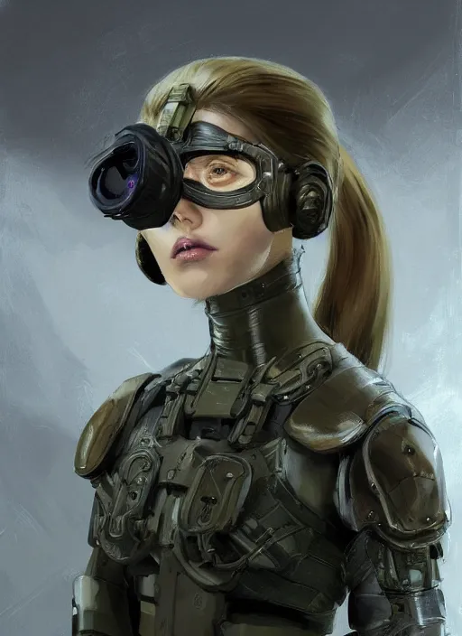 Prompt: a professional painting of a beautiful young female, clothed in stealth armor, nightvision goggles, olive skin, long dark hair, beautiful bone structure, symmetrical facial features, intricate, elegant, digital painting, concept art, smooth, sharp focus, illustration, from Metal Gear, by Ruan Jia and Mandy Jurgens and Artgerm and William-Adolphe Bouguerea