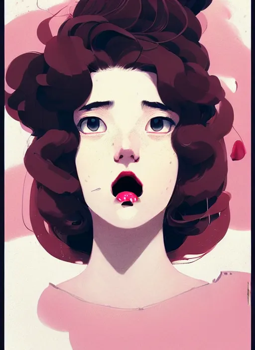 Image similar to highly detailed portrait of camber 2 with scarlet lips making a pogchamp face, poggers, photographic realistic background, ringlet hair by atey ghailan, by greg rutkowski, by greg tocchini, by james gilleard, by joe fenton, by kaethe butcher, gradient pink, black, cream and white color scheme, trending in instagram, award winning details