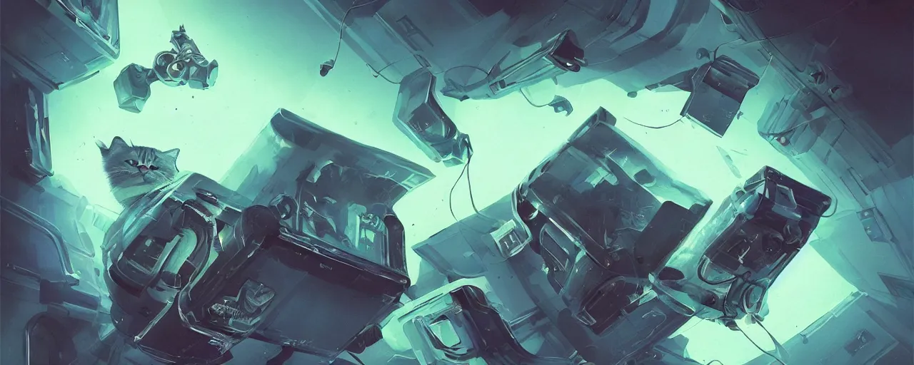 Image similar to duotone noir scifi concept illustration of 3 d mesh of cat inside box zero gravity glowing 3 d mesh quantum portals, glowing eyes, octane render, surreal atmosphere, volumentric lighting. accidental renaissance. by sachin teng and sergey kolesov and ruan jia and heng z. graffiti art, scifi, fantasy, hyper detailed. trending on artstation