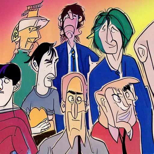 Image similar to a don bluth illustration of radiohead ok computer album cover