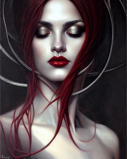 Image similar to portrait of a beautiful goddess, enigmatic beauty, dominant shades of black, silver, dark red, white, head in focus, fantasy art, ornamental aesthetics, intricate, elegant, highly detailed, hyperrealistic painting, artstation, concept art, painterly, sharp focus, illustration, art by karol bak