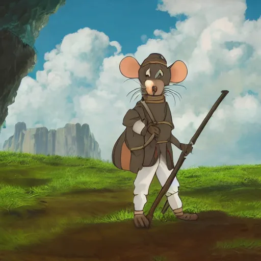 Prompt: an anthropomorphic rat dressed as an explorer, medieval clothing, renaissance, studio Ghibli, open landscape, plants, black and white matte painting