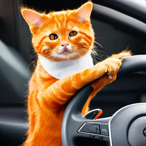 Prompt: an anthropomorphic orange tabby cat driving a car