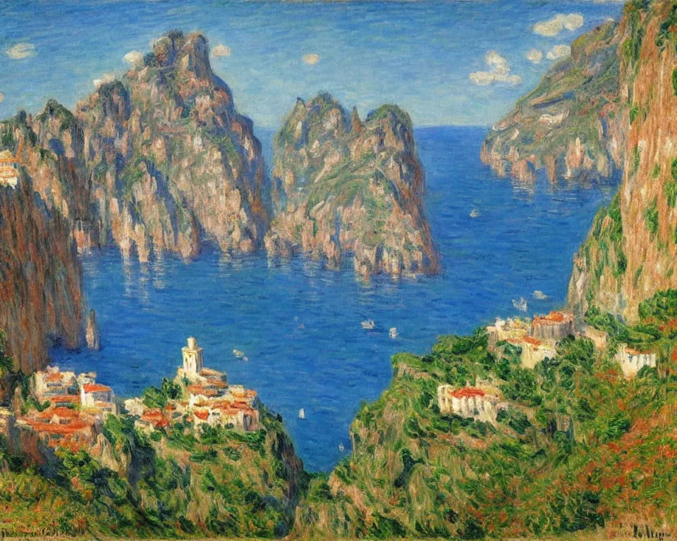 Image similar to enchanting cliff side Italian village on the amalfi coast by Monet and Hopper.