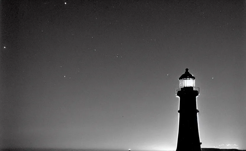 Prompt: red beam of light from lighthouse rotating over the field, night, unsettling, fire on the horizon, photo 1998