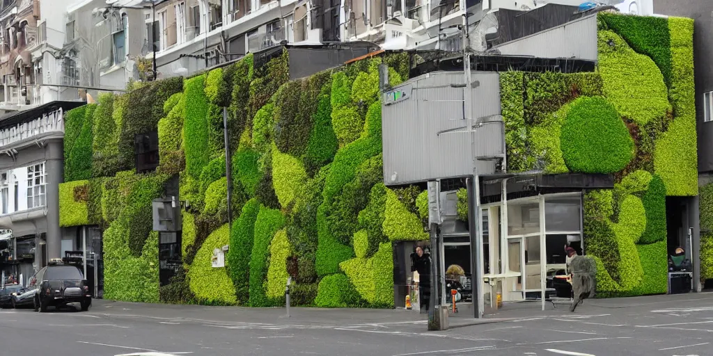 Image similar to a new zealand city street where every building is covered in living walls made of nz native plants