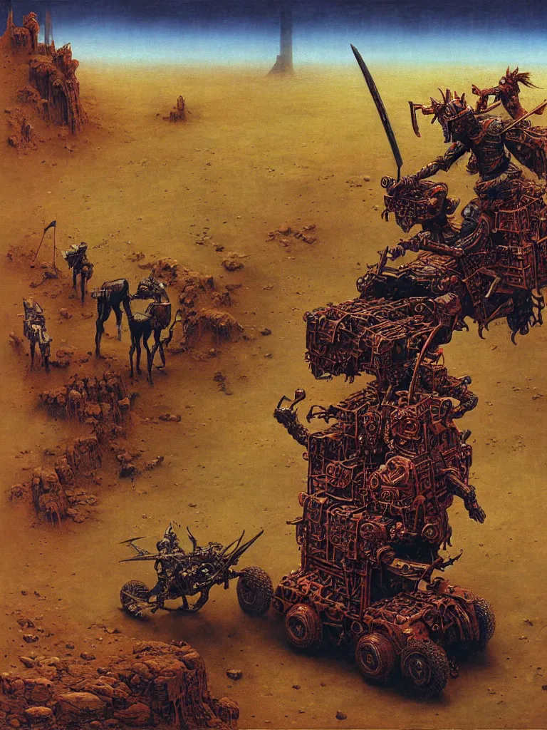 Image similar to epic llama wizard riding futuristic quadbike through the gates of hell, wearing samurai armour, and firing missiles, highly detailed beksinski painting