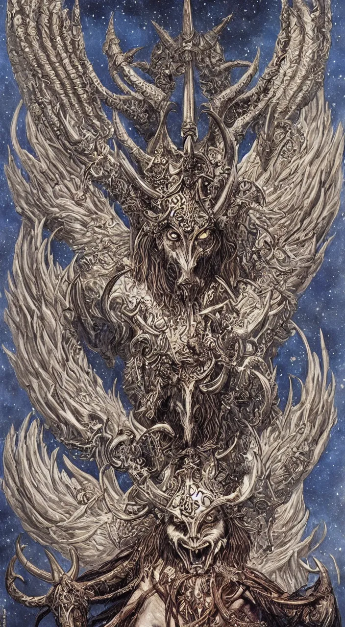 Prompt: full body concept art of baphomet wearing viking helm made with porcelain by Jeff Easley and Peter Elson + beautiful eyes, beautiful face + symmetry face + border and embellishments inspiried by Art Nouveau, fractals in the background, galaxy + baroque, gothic, surreal + highly detailed, intricate complexity, epic composition, magical atmosphere + masterpiece, award winning + trending on artstation