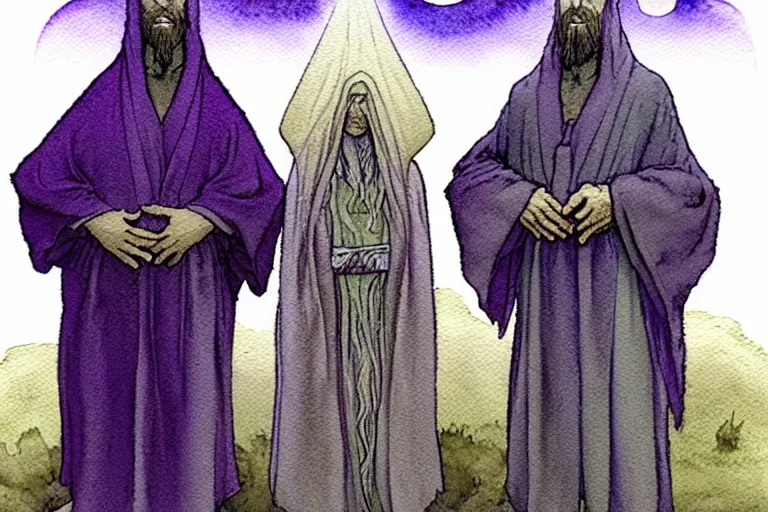 Prompt: a realistic and atmospheric watercolour fantasy character concept art portrait of a three christians wearing robes standing in front of a small fat chibi grey alien. they are emerging from the mist on the moors of ireland at night. a ufo is in the sky. by rebecca guay, michael kaluta, charles vess and jean moebius giraud