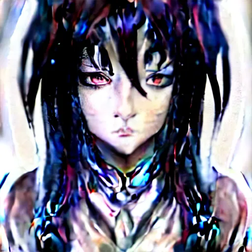 Image similar to front-facing headshot of a young gothic anime woman with black hair and golden highlights, wearing pretty makeup, drawn by WLOP, by Avetetsuya Studios, anime portrait, trending on artstation