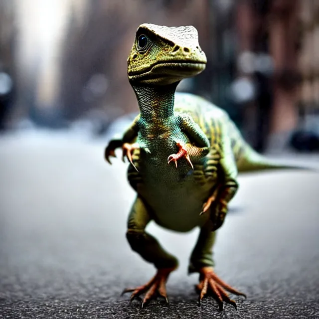 Image similar to a beautiful photo by saul leiter of a tiny dinosaur standing in the street, tiny gaussian blur, insanely detailed, insanely intricate, insanely beautiful, depth of field, low contrast, snowy, wide aperture